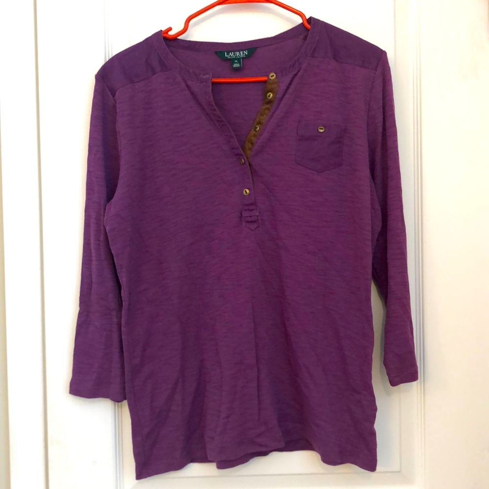 XL Ralph Lauren purple 3/4 sleeve 1/4 button mandarin  neck suede detail shirt